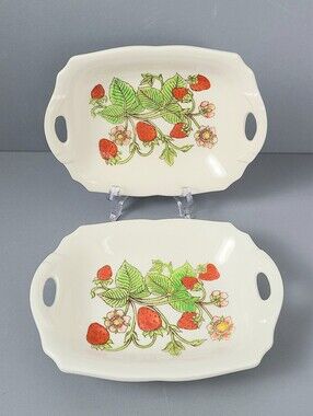 Vintage Shafford Strawberry Plant Blossom Mini Trinket Dish Platters-Set of 2